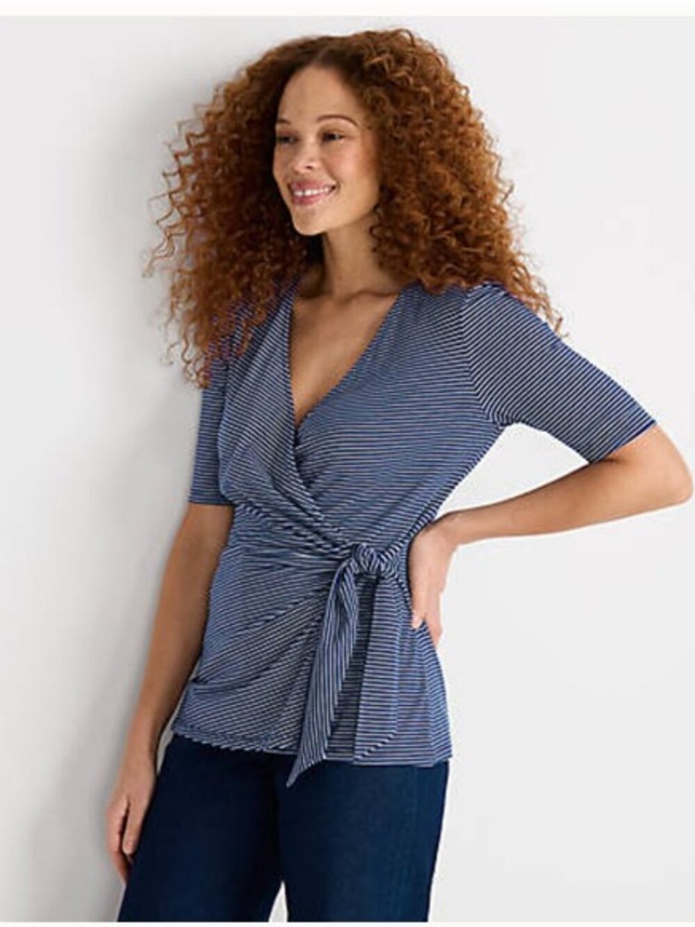 Lands' End NWOT Small Lightweight Jersey Side Tie Blouse - Navy/White Stripe